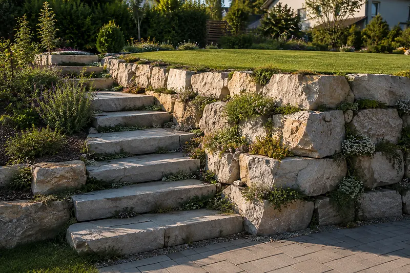 Hanggarten mit Trockenmauer aus hellem Naturstein und breiten Steinstufen